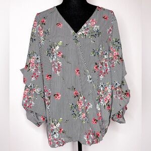Gibson Latimer Striped‎ Floral Pleated Sleeve Crossover Blouse Size M